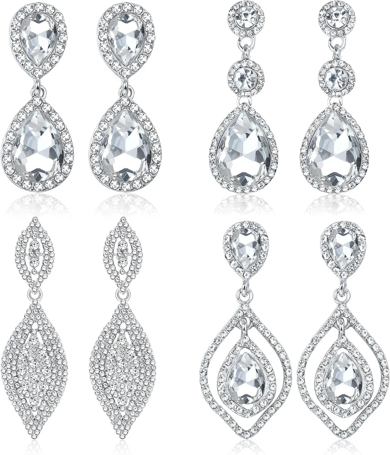 LOYALLOOK 4Pairs Crystal Clip on Earrings for Women Crystal Teardrop Wedding Earrings for Brides Bridesmaids Long Drop Dangle Clip Earrings Set for Prom Party Non Pierced Jewelry