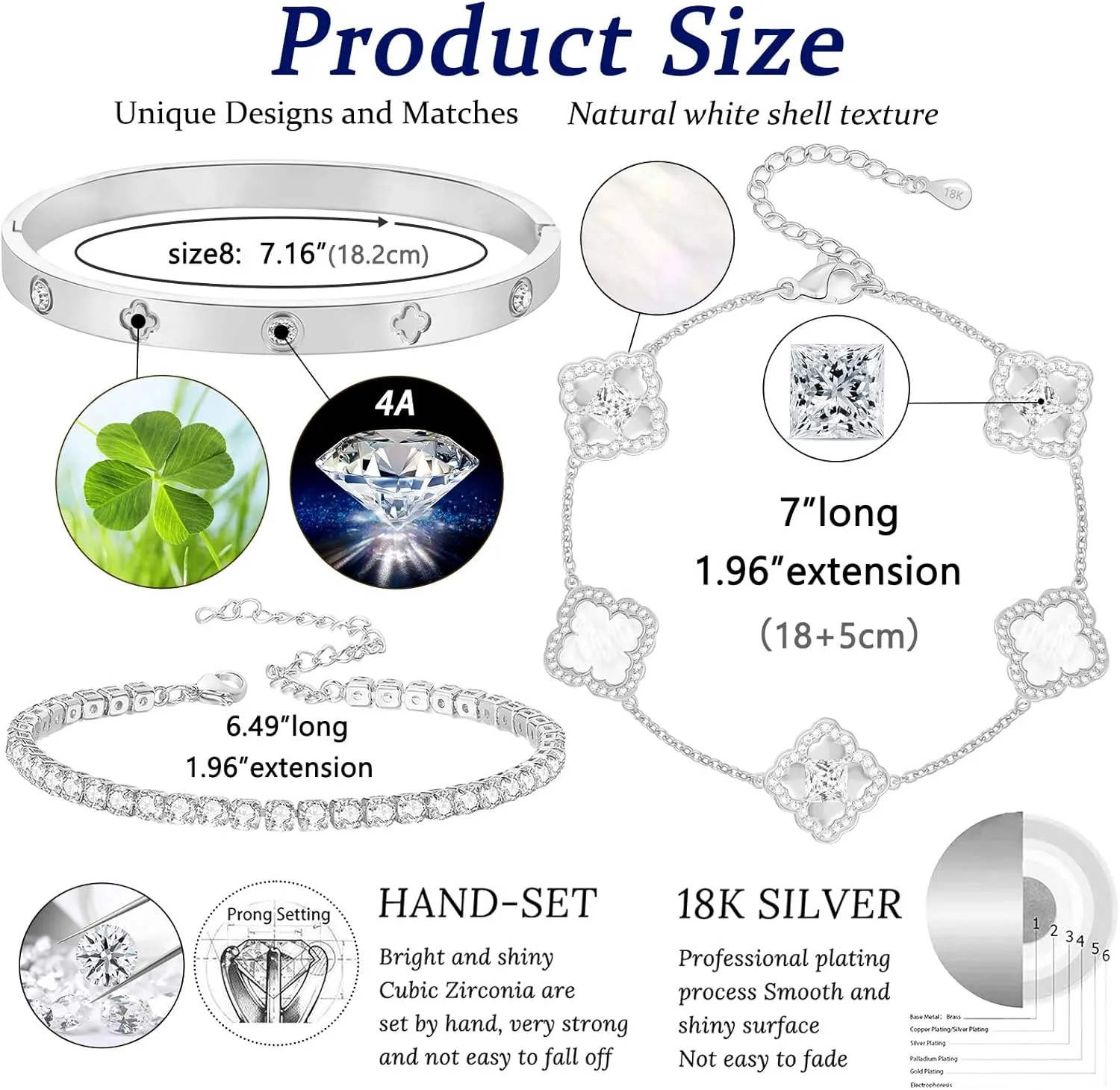 Lucky Four Leaf Bracelets Set - Silver Plated Cubic Zirconia Bangle for Women