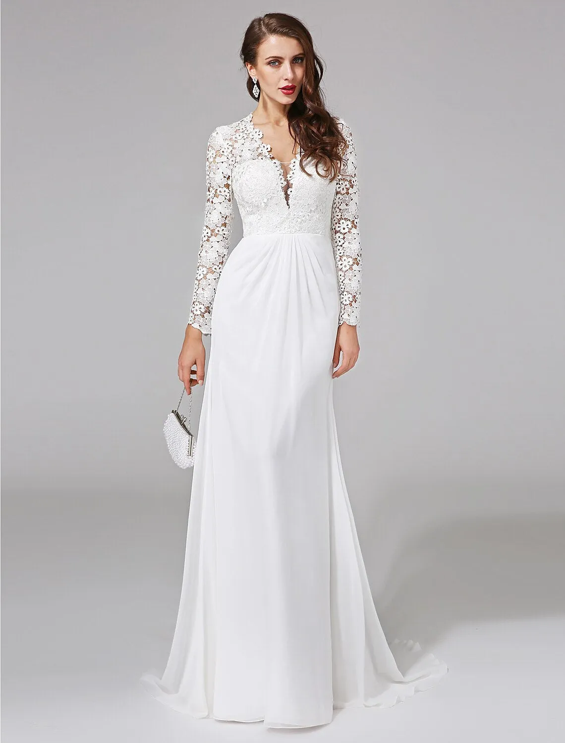 Luolandi Beach Royal Style Boho Wedding Dresses Sweep / Brush Train Sheath / Column Long Sleeve Illusion Neck Chiffon