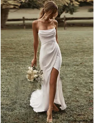 Luolandi Beach Sexy Casual Wedding Dresses Sheath / Column Square Camisole Spaghetti Strap Sweep / Brush Train Stretch Fabric Bridal Gowns