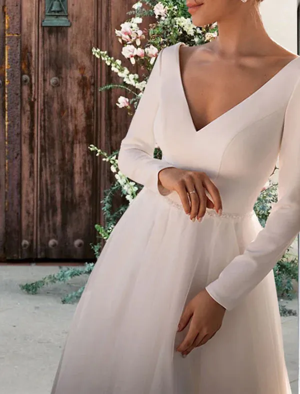 Luolandi Reception Simple Wedding Dresses Wedding Dresses Sheath / Column V Neck Sleeveless Ankle Length Satin Bridal Gowns