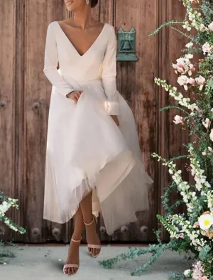 Luolandi Reception Simple Wedding Dresses Wedding Dresses Sheath / Column V Neck Sleeveless Ankle Length Satin Bridal Gowns