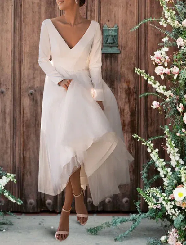 Luolandi Reception Simple Wedding Dresses Wedding Dresses Sheath / Column V Neck Sleeveless Ankle Length Satin Bridal Gowns