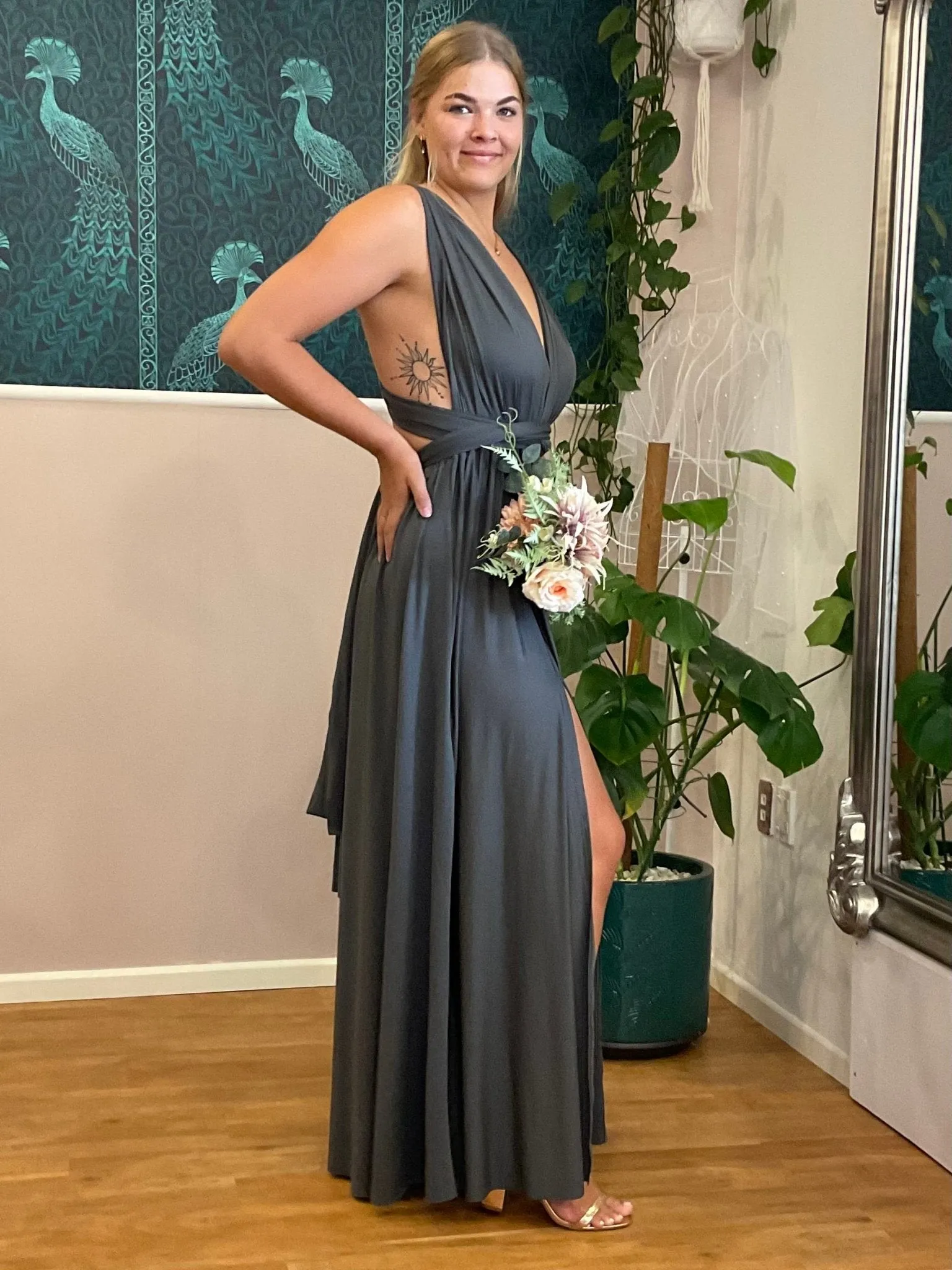Luxe Charcoal grey Infinity dress with split Express NZ wide