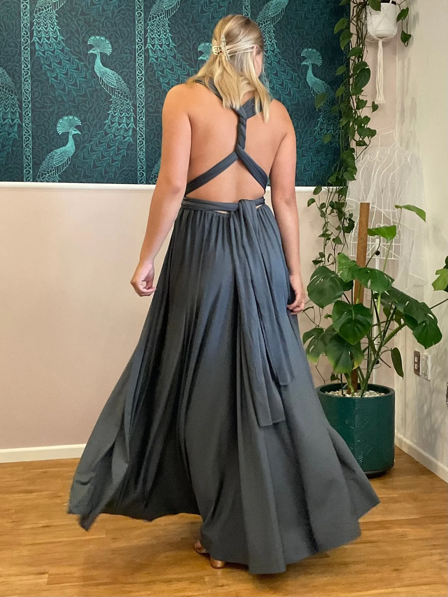 Luxe Charcoal grey Infinity dress with split Express NZ wide