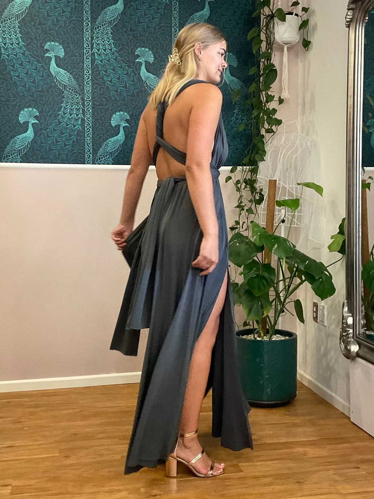 Luxe Charcoal grey Infinity dress with split Express NZ wide