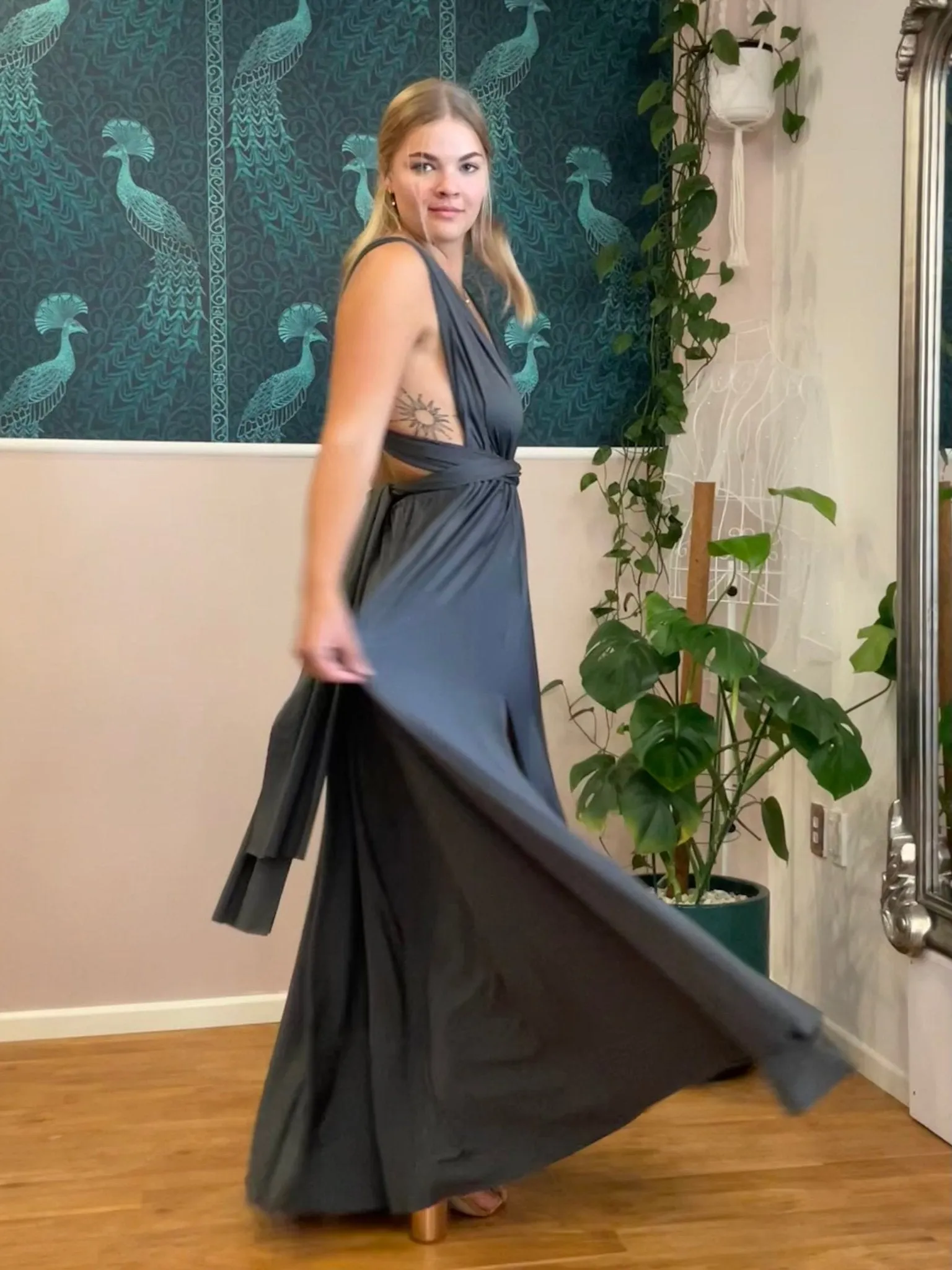 Luxe Charcoal grey Infinity dress with split Express NZ wide
