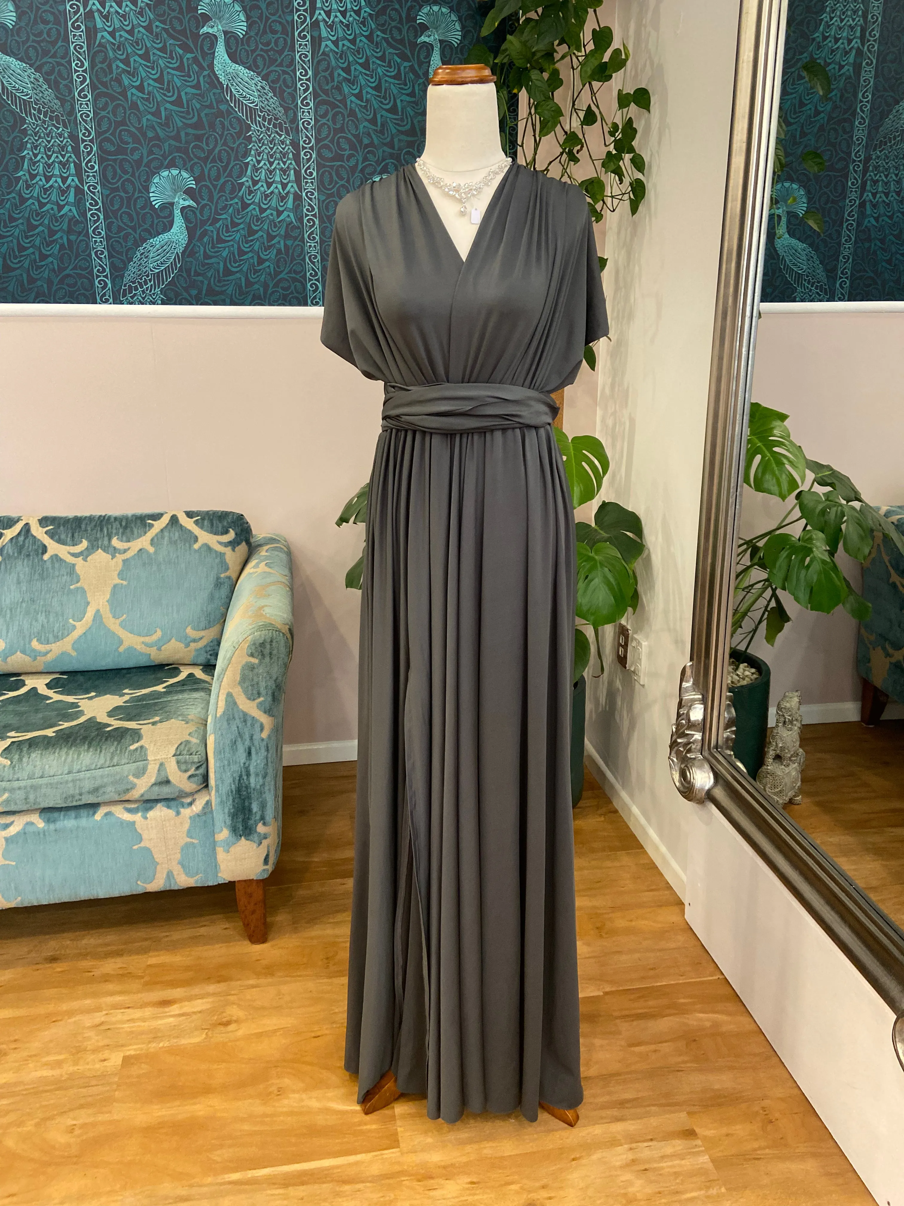 Luxe Charcoal grey Infinity dress with split Express NZ wide