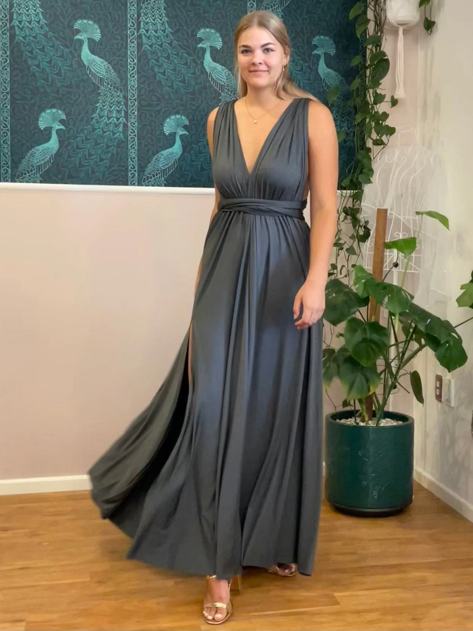 Luxe Charcoal grey Infinity dress with split Express NZ wide