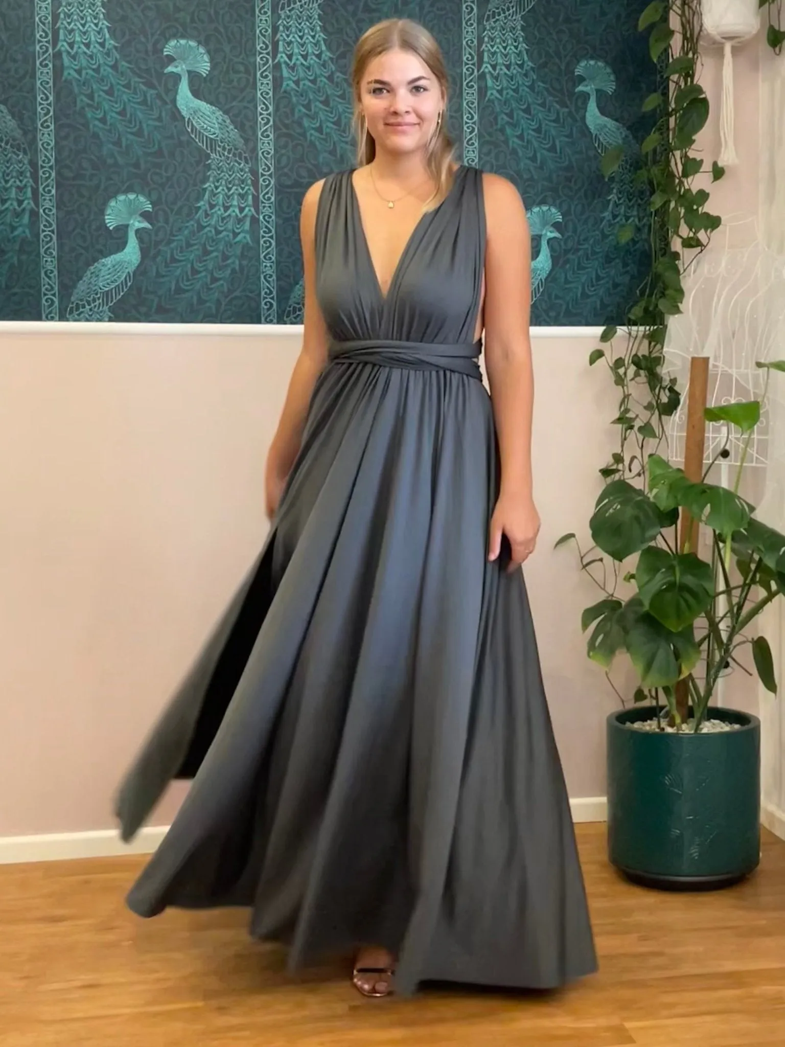 Luxe Charcoal grey Infinity dress with split Express NZ wide