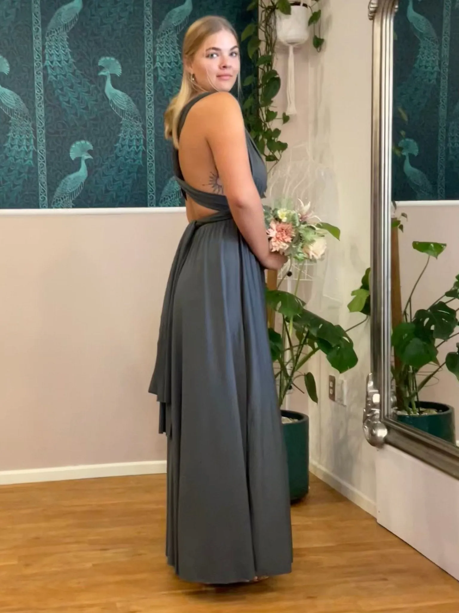 Luxe Charcoal grey Infinity dress with split Express NZ wide