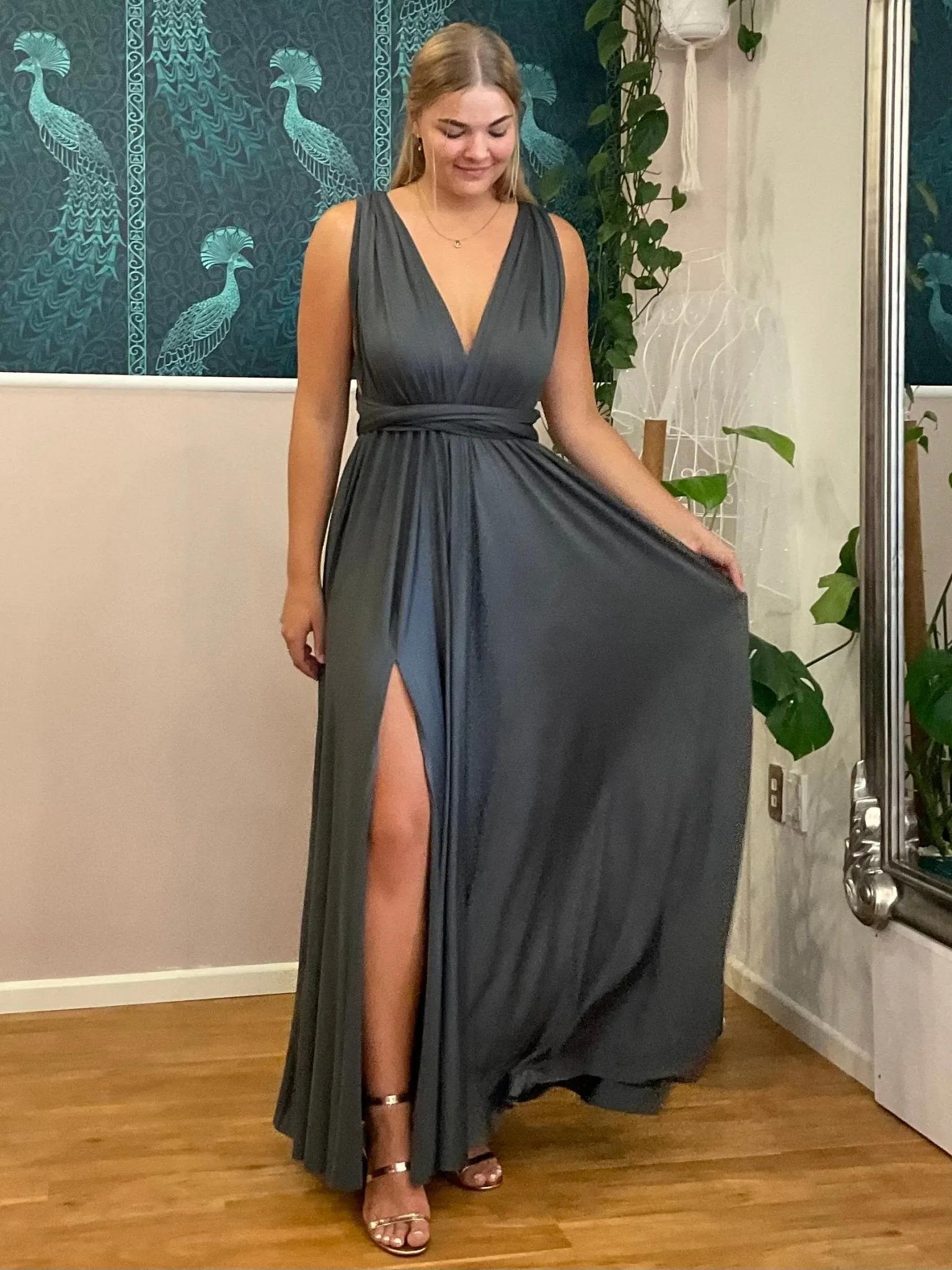 Luxe Charcoal grey Infinity dress with split Express NZ wide