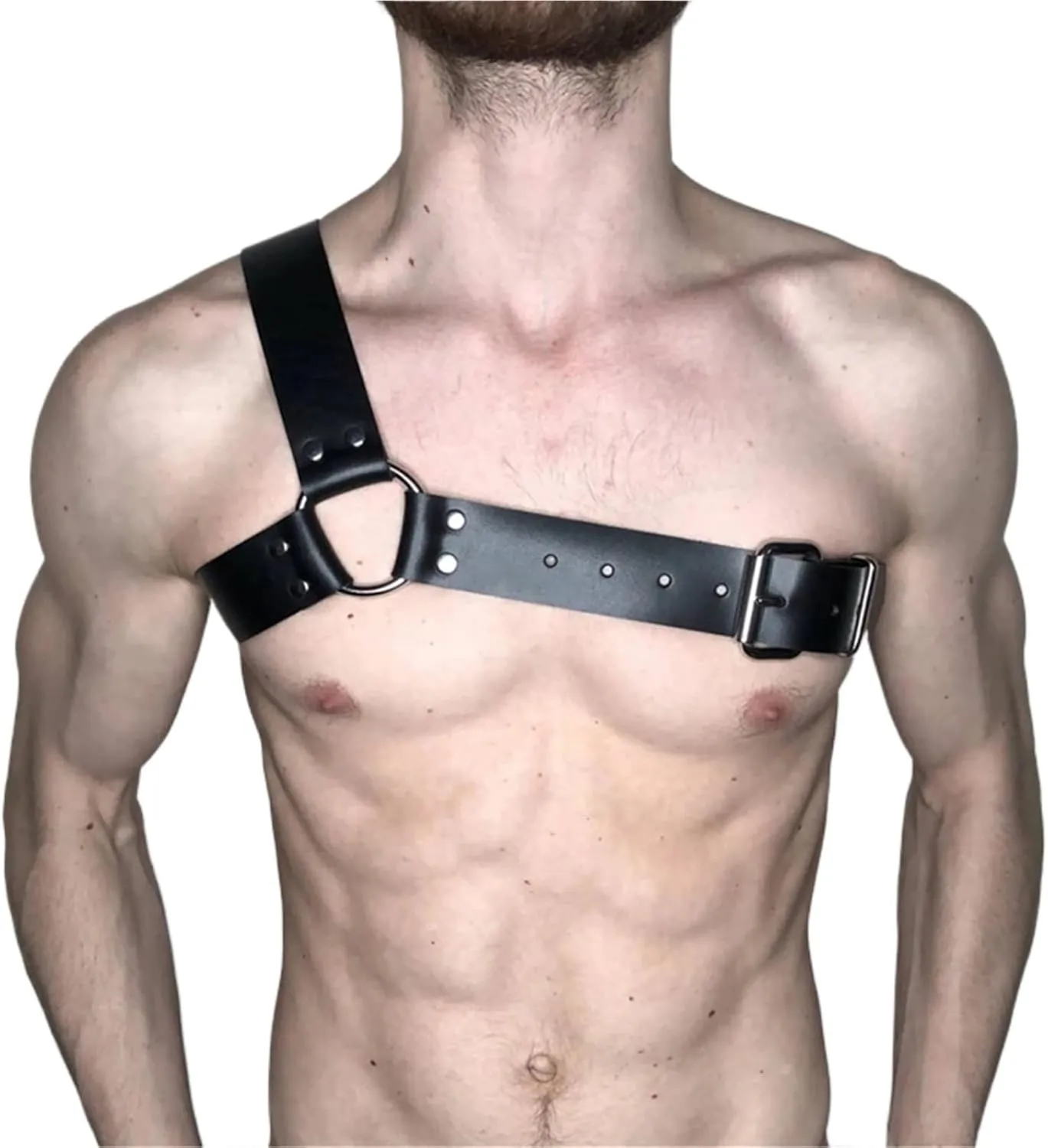 Male Lingerie Leather Single Shoulder Harness Hollow Out Elastic Chest Strap Bodysuit Muscle Costume
