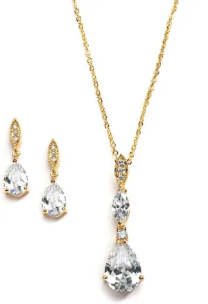 Mariell Bridal Wedding Necklace Earrings Set Gold, CZ Crystal Pendant and Drop Earring for Brides, Bridesmaids