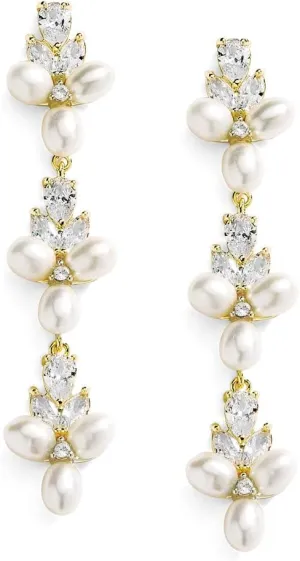 Mariell Freshwater Pearl Gold Dangle Bridal and Wedding Earring with Cubic Zirconia Crystal, Prom Jewelry