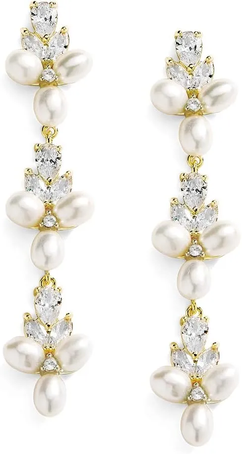 Mariell Freshwater Pearl Gold Dangle Bridal and Wedding Earring with Cubic Zirconia Crystal, Prom Jewelry