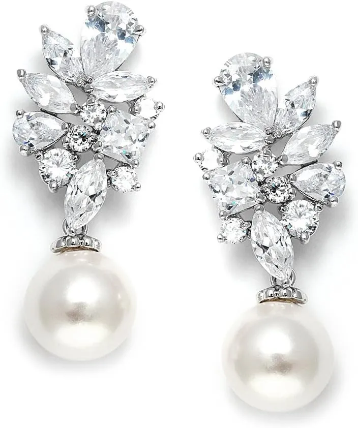 Mariell Ivory Pearl Drop Bridal Earrings with Cubic Zirconia Crystals, Large Size Dramatic Statement Earring, Bridal Jewelry for Wedding, Mother of the Bride