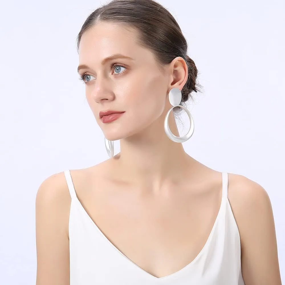 Matte Gold Silver Big Hoop Clip On Earrings for Women Disc Dangle Clip Earrings for Women Girls Gift