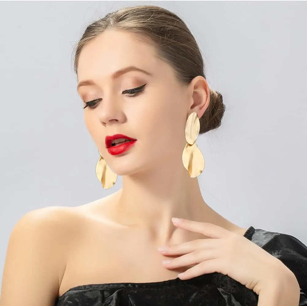 Matte Gold Silver Hammered Long Drop Clip On Earrings Large Unique Statement Clip Earrings for Women