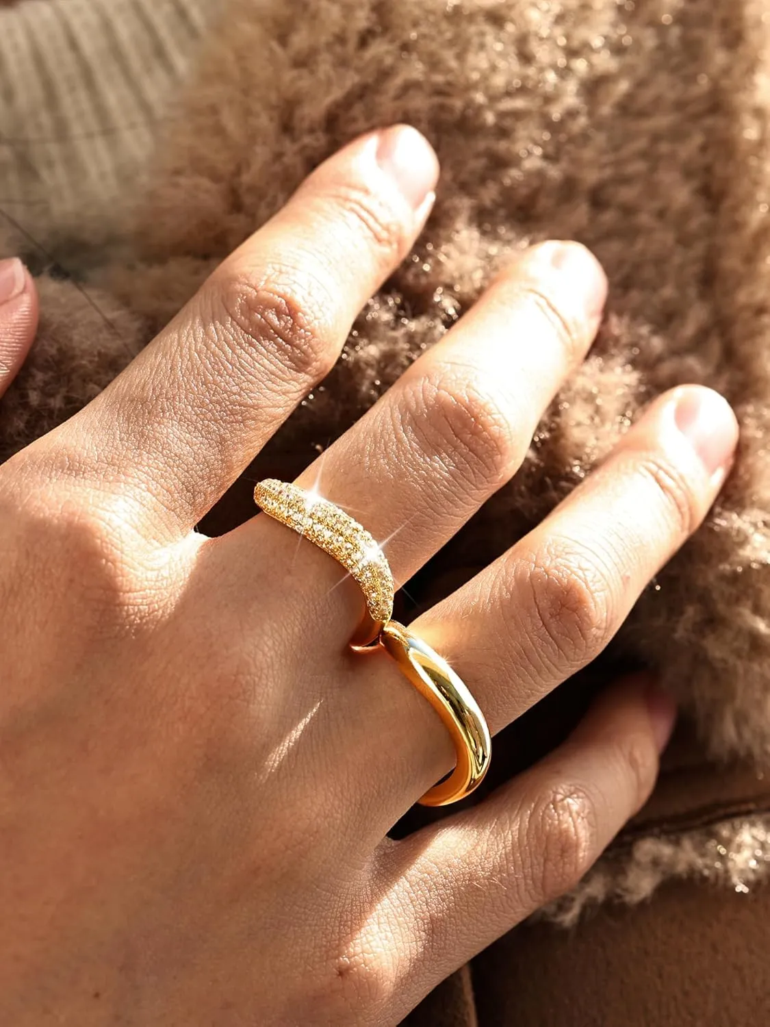 MBW Stackable Cubic Zirconia Gold Wave Rings for Women, Stacking Gold Rings That Don't Tarnish CZ Bands Statement Gold Rings Chunky 14k Gold Plated Wavy 2 Rings Set Jewelry Gifts for Women Size 5-10