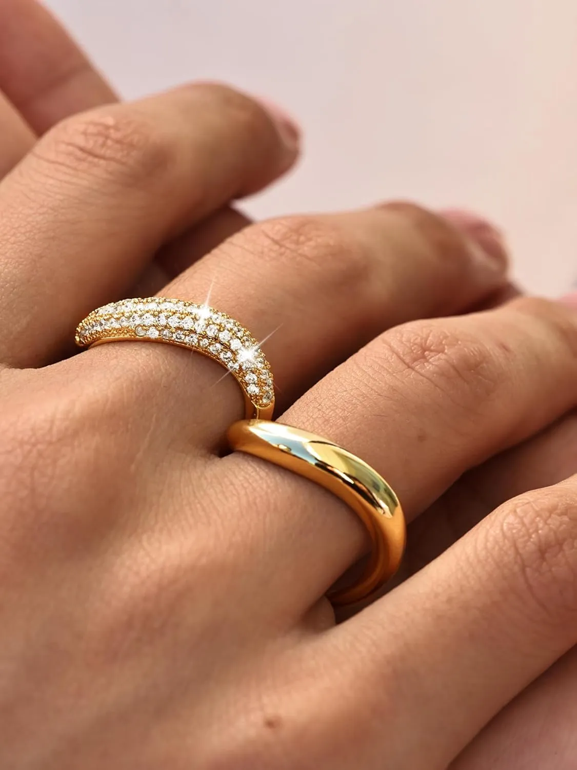 MBW Stackable Cubic Zirconia Gold Wave Rings for Women, Stacking Gold Rings That Don't Tarnish CZ Bands Statement Gold Rings Chunky 14k Gold Plated Wavy 2 Rings Set Jewelry Gifts for Women Size 5-10