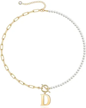 Memorjew Pearl Initial Necklaces for Women Trendy, 14k Gold Plated Dainty Pearl Initial Necklace Paperclip Chain Toggle Clasp Initial Pendant Necklaces Gold Jewelry Gifts for Women