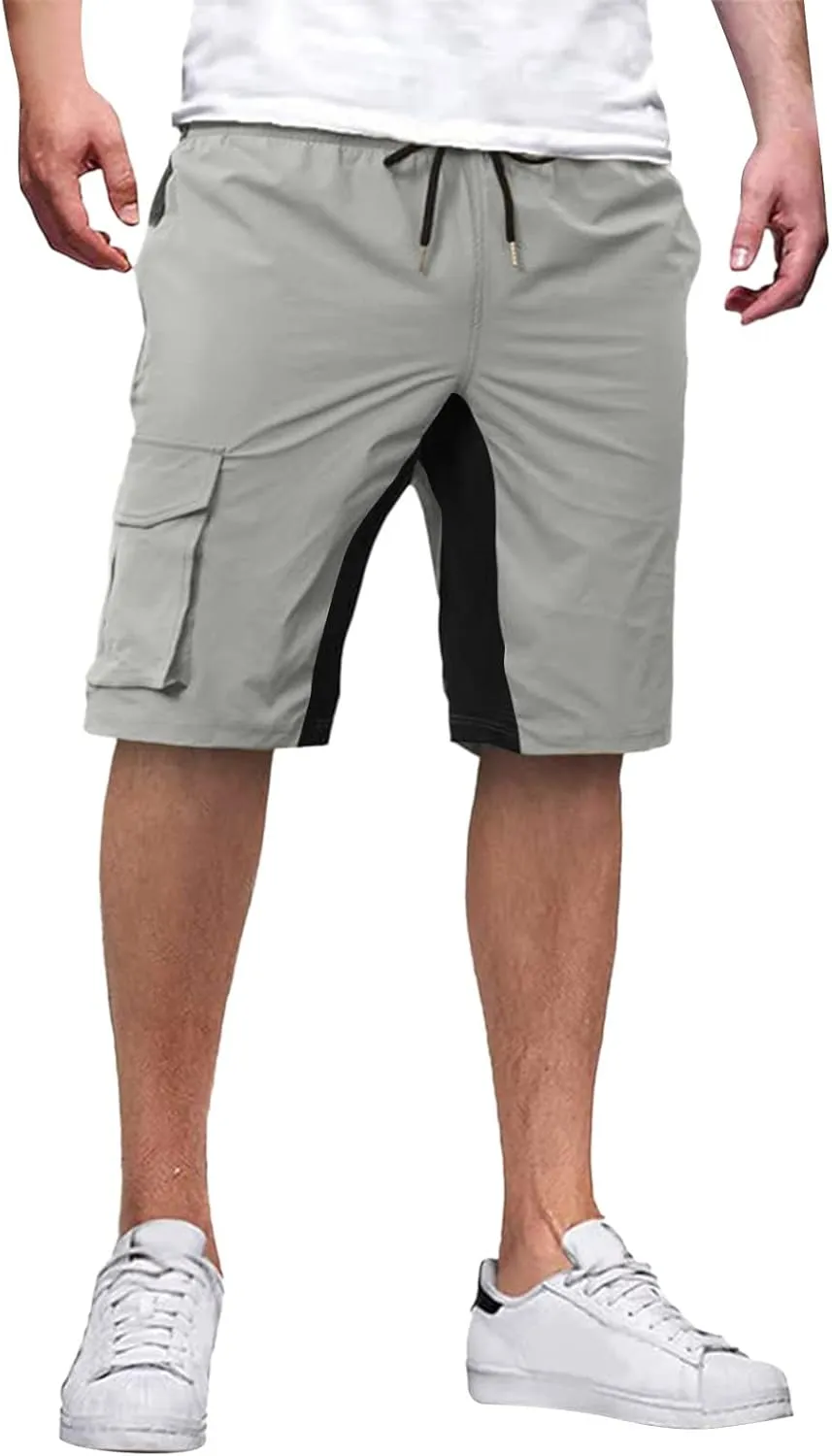 Men's Casual Cargo Shorts Color Block Drawstring Pants Slim Fit Joggers Pants Outdoor Hiking Shorts with Pockets