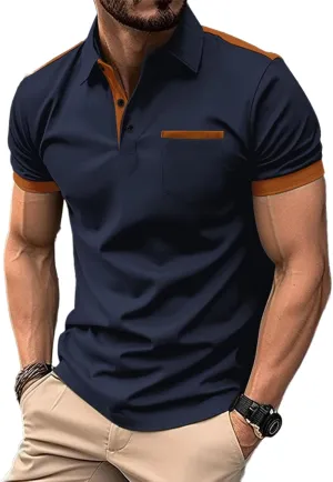 Mens Casual Polo Shirts Classic Short Sleeve Golf Shirt Fashion Button Cotton Top with Pocket