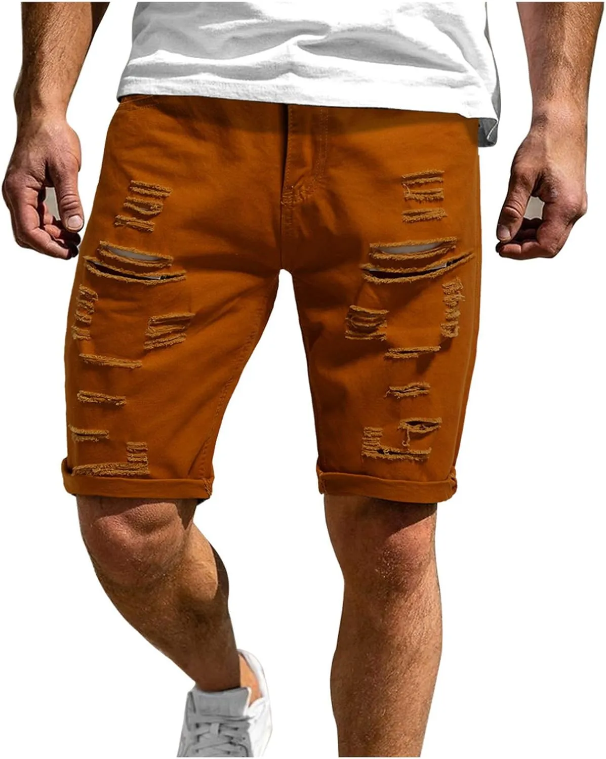 Mens Classic Vintage Denim Shorts Stretch Slim Fit Distressed Ripped Jean Shorts Knee Length Casual Straight Jeans