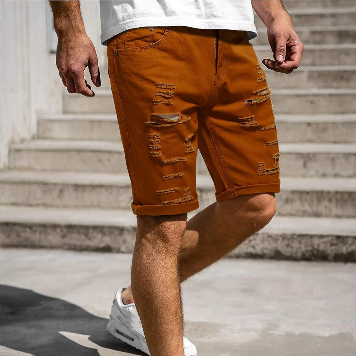 Mens Classic Vintage Denim Shorts Stretch Slim Fit Distressed Ripped Jean Shorts Knee Length Casual Straight Jeans