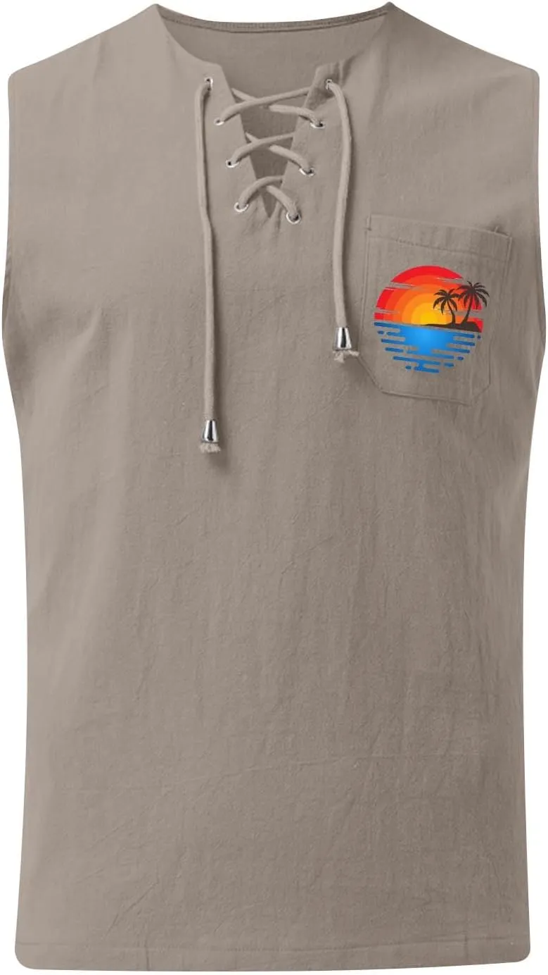 Men's Cotton Linen Tank Top Shirts Casual Sleeveless Lace Up Beach Hippie Tops Palm Tree Renaissance Pirate Tunic