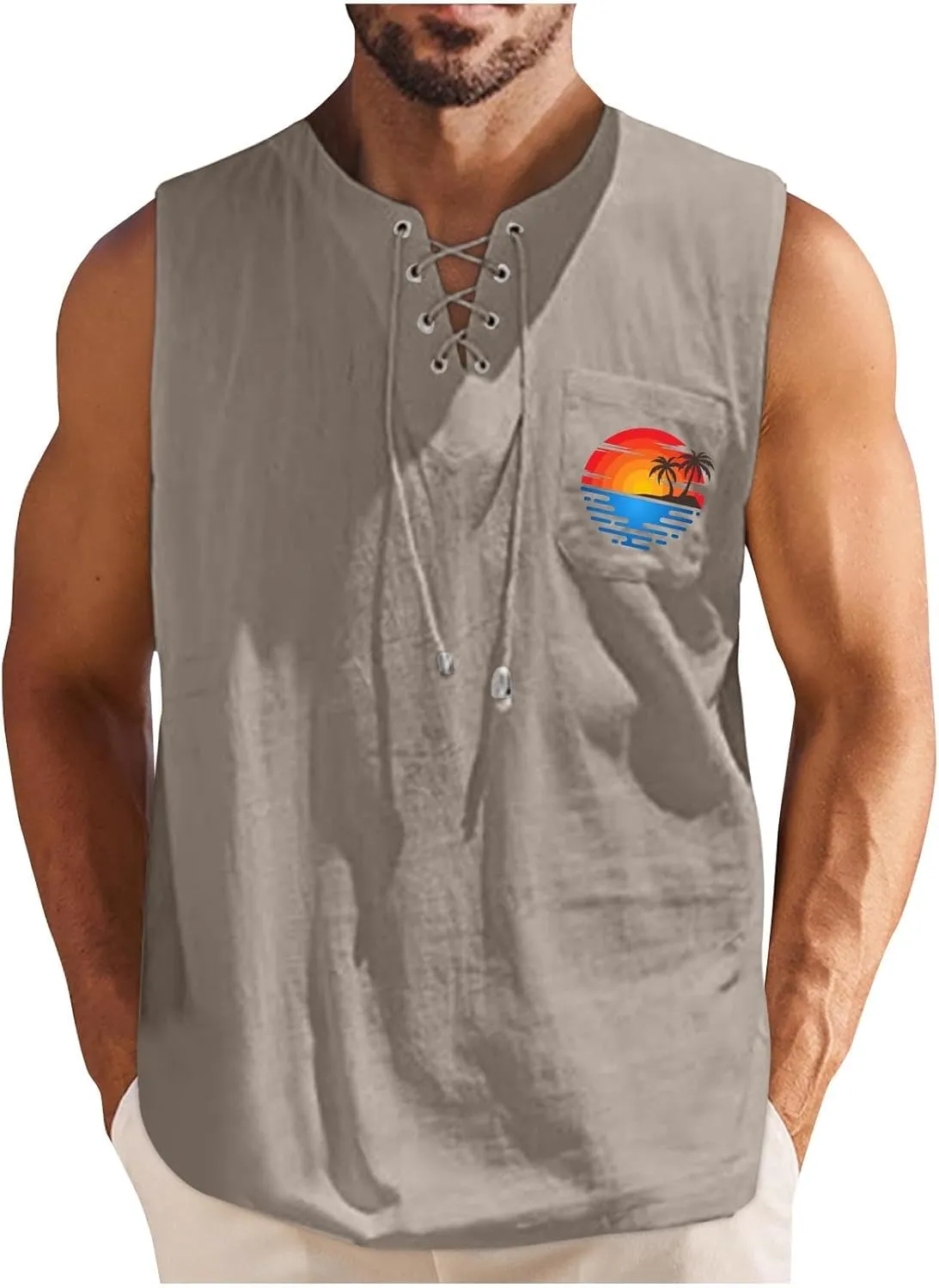 Men's Cotton Linen Tank Top Shirts Casual Sleeveless Lace Up Beach Hippie Tops Palm Tree Renaissance Pirate Tunic