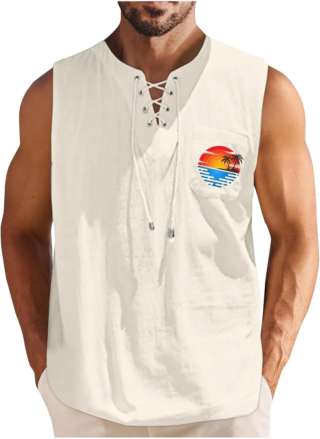 Men's Cotton Linen Tank Top Shirts Casual Sleeveless Lace Up Beach Hippie Tops Palm Tree Renaissance Pirate Tunic