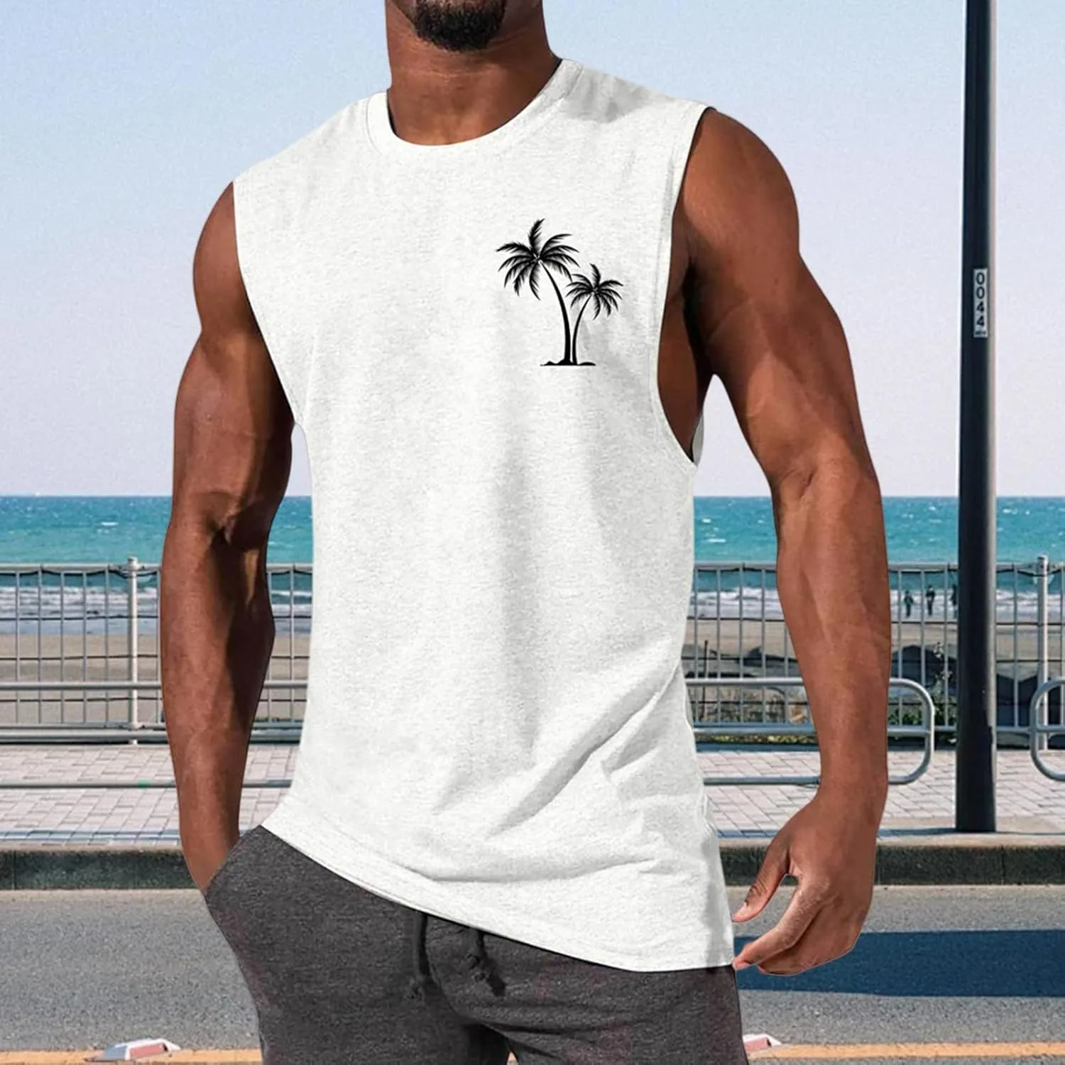 Mens Hawaiian Beach Tank Tops Summer Palm Tree Print Sleeveless Undershirts Loose Fit Muscle Fitness Vacation Tops