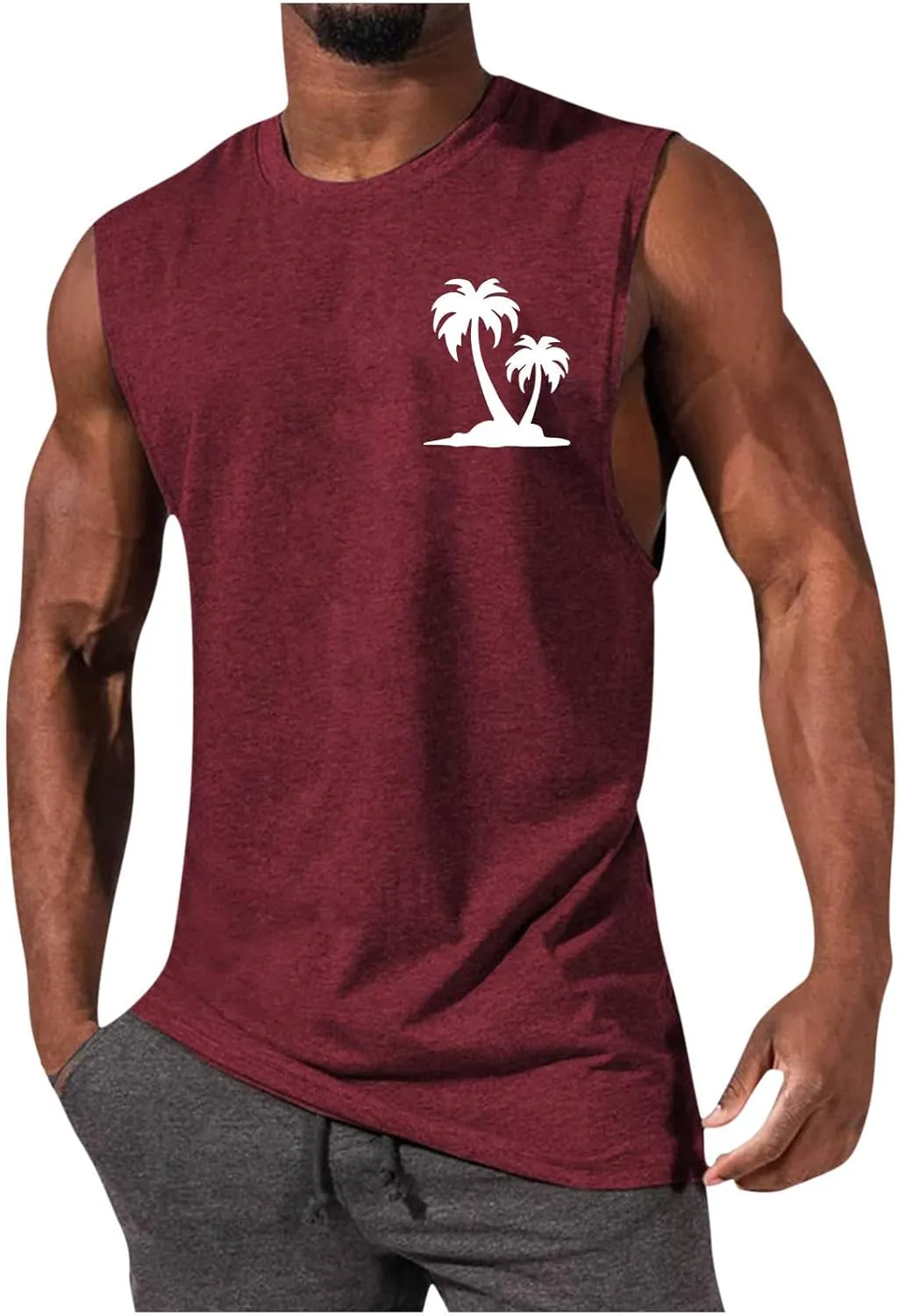 Mens Hawaiian Beach Tank Tops Summer Palm Tree Print Sleeveless Undershirts Loose Fit Muscle Fitness Vacation Tops