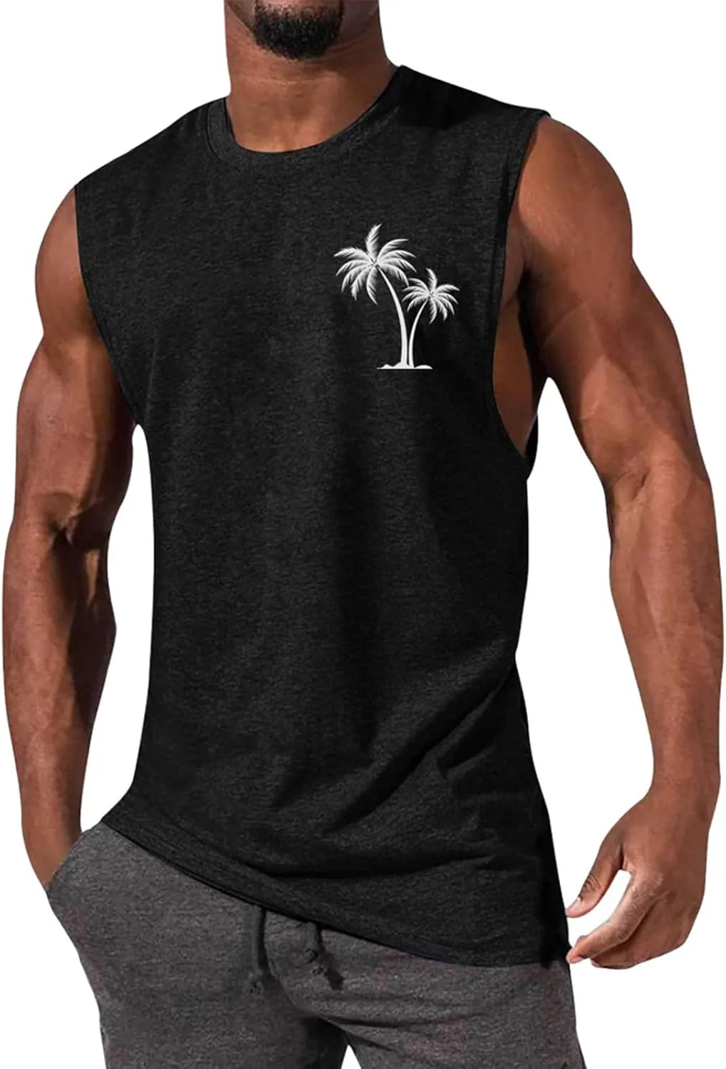 Mens Hawaiian Beach Tank Tops Summer Palm Tree Print Sleeveless Undershirts Loose Fit Muscle Fitness Vacation Tops