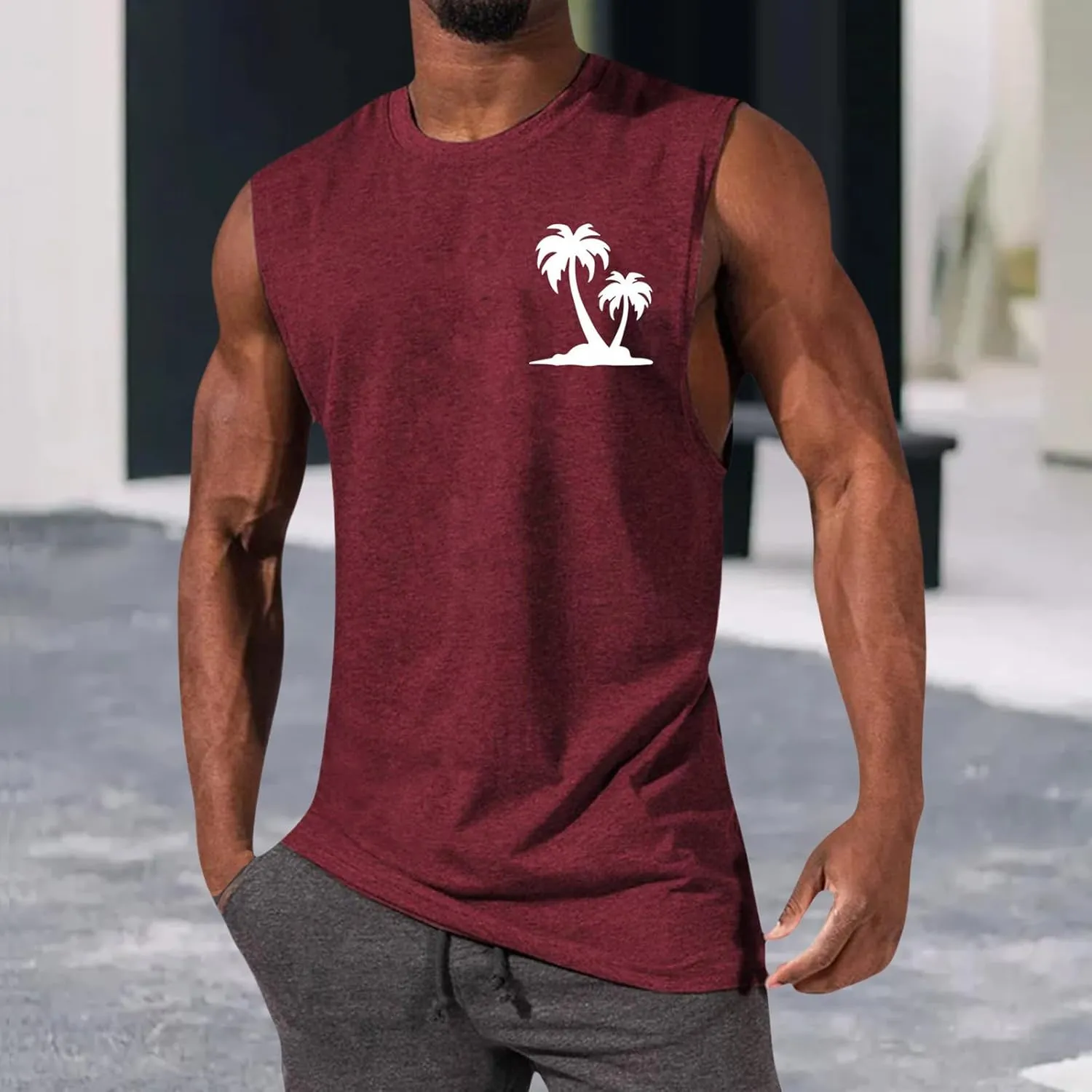 Mens Hawaiian Beach Tank Tops Summer Palm Tree Print Sleeveless Undershirts Loose Fit Muscle Fitness Vacation Tops