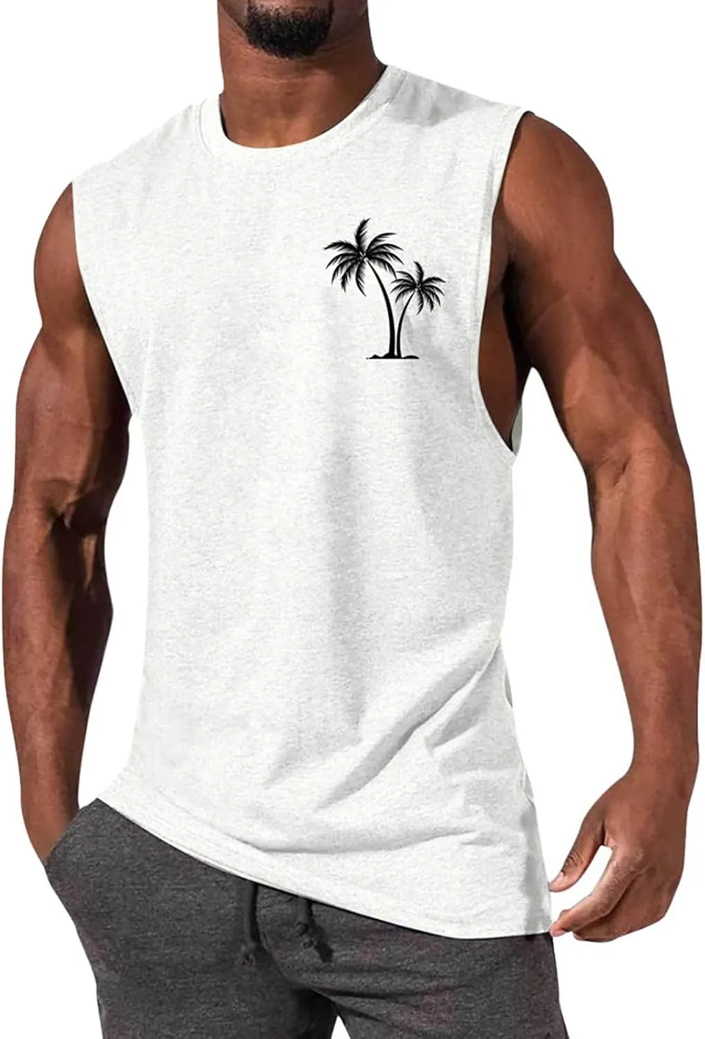 Mens Hawaiian Beach Tank Tops Summer Palm Tree Print Sleeveless Undershirts Loose Fit Muscle Fitness Vacation Tops