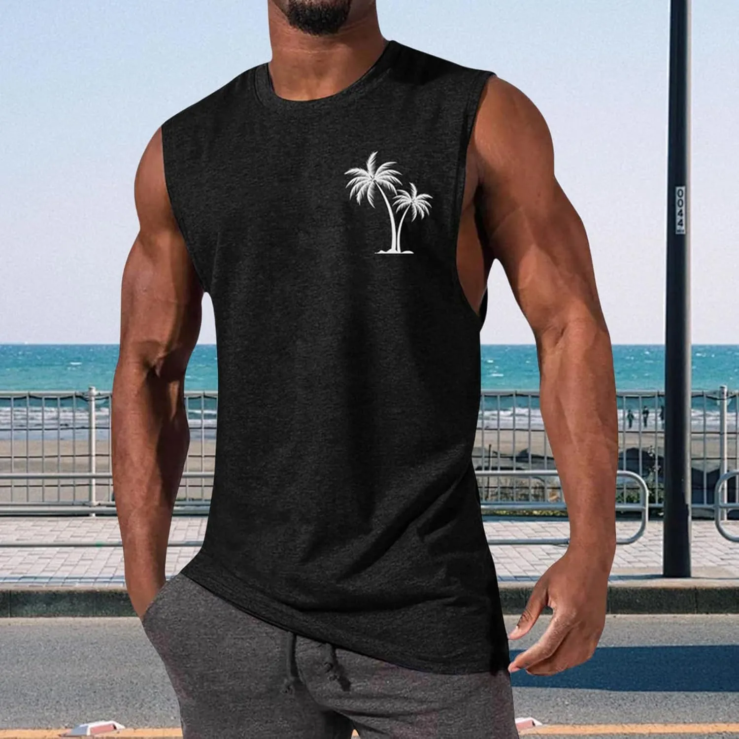 Mens Hawaiian Beach Tank Tops Summer Palm Tree Print Sleeveless Undershirts Loose Fit Muscle Fitness Vacation Tops