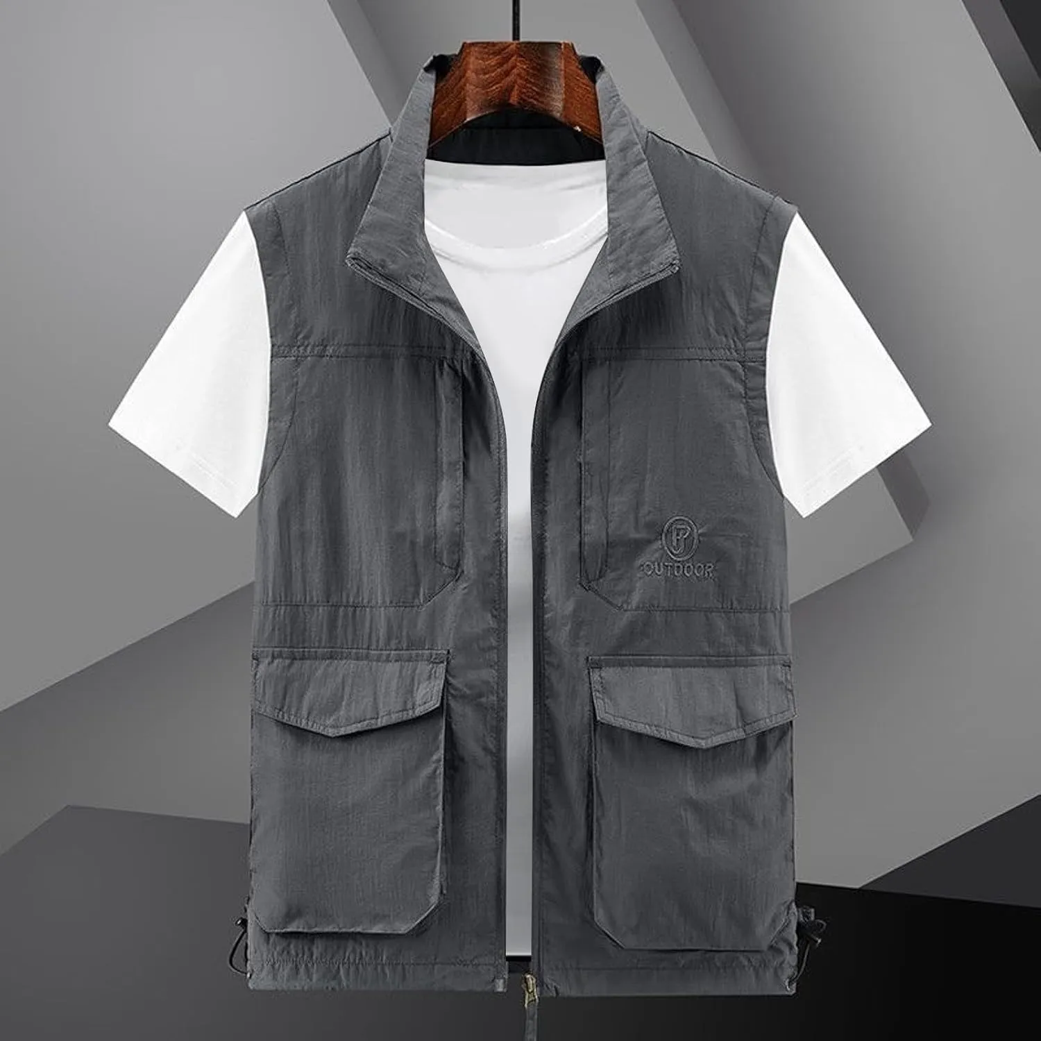 Mens Loose Vest Summer Casual Sports Vest Pocket Fishing Solid Color Zipper Cardigan Fishing Jacket