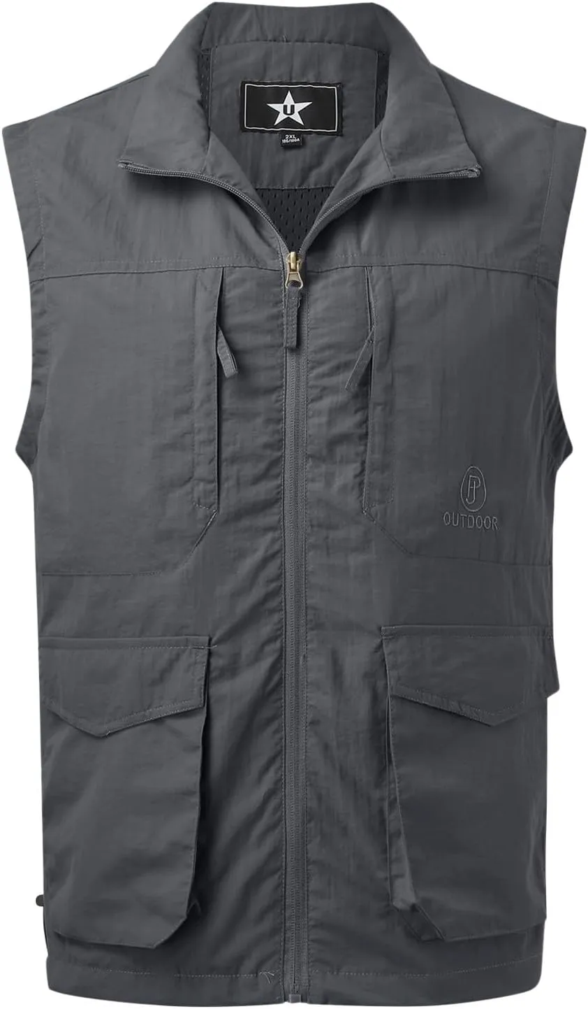 Mens Loose Vest Summer Casual Sports Vest Pocket Fishing Solid Color Zipper Cardigan Fishing Jacket