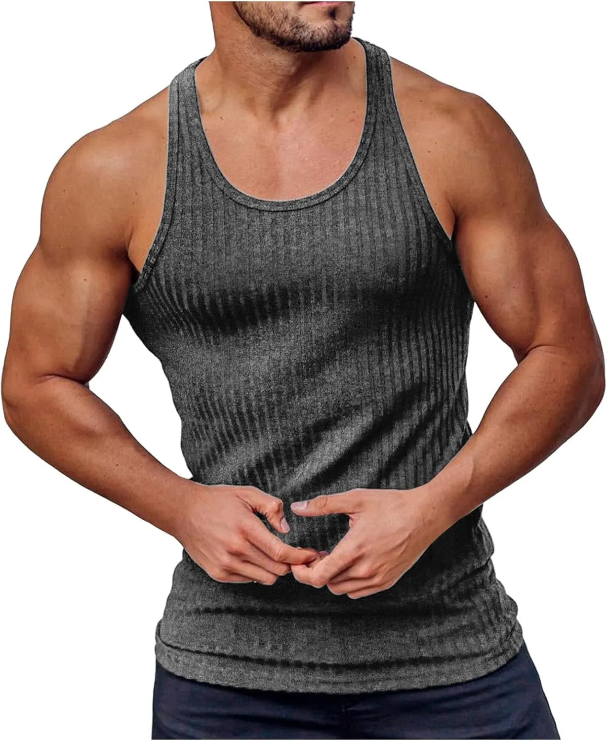 Mens Tank Tops Summer Solid Color Knitted Vertical Stripe Fitness Sports Tank Shirts