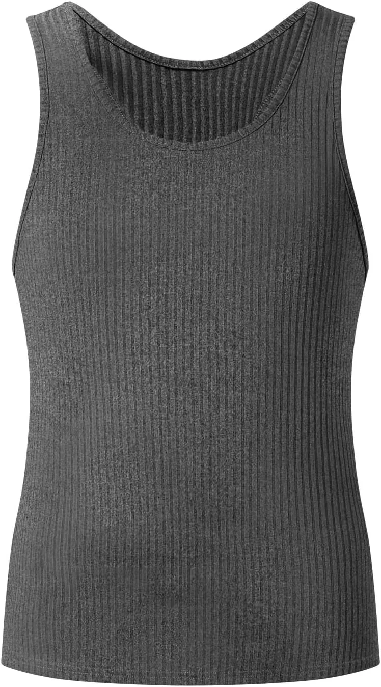 Mens Tank Tops Summer Solid Color Knitted Vertical Stripe Fitness Sports Tank Shirts