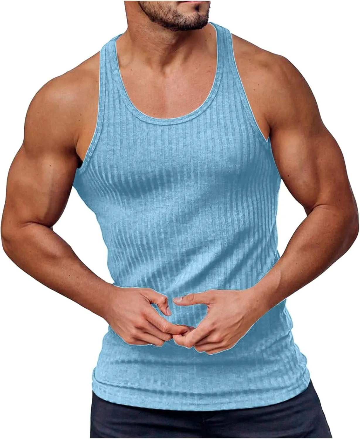 Mens Tank Tops Summer Solid Color Knitted Vertical Stripe Fitness Sports Tank Shirts
