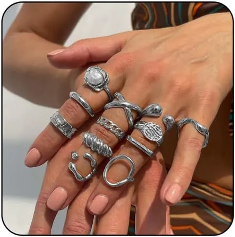 MIFYNN 12PCS Chunky Gold Rings for Women Baroque Pearl Ring Set Adjustable Chunky Thread Knuckle Ring Trendy Dainty Open Midi Rings Set Stackable Statement Jewelry for Bridal Wedding Gift