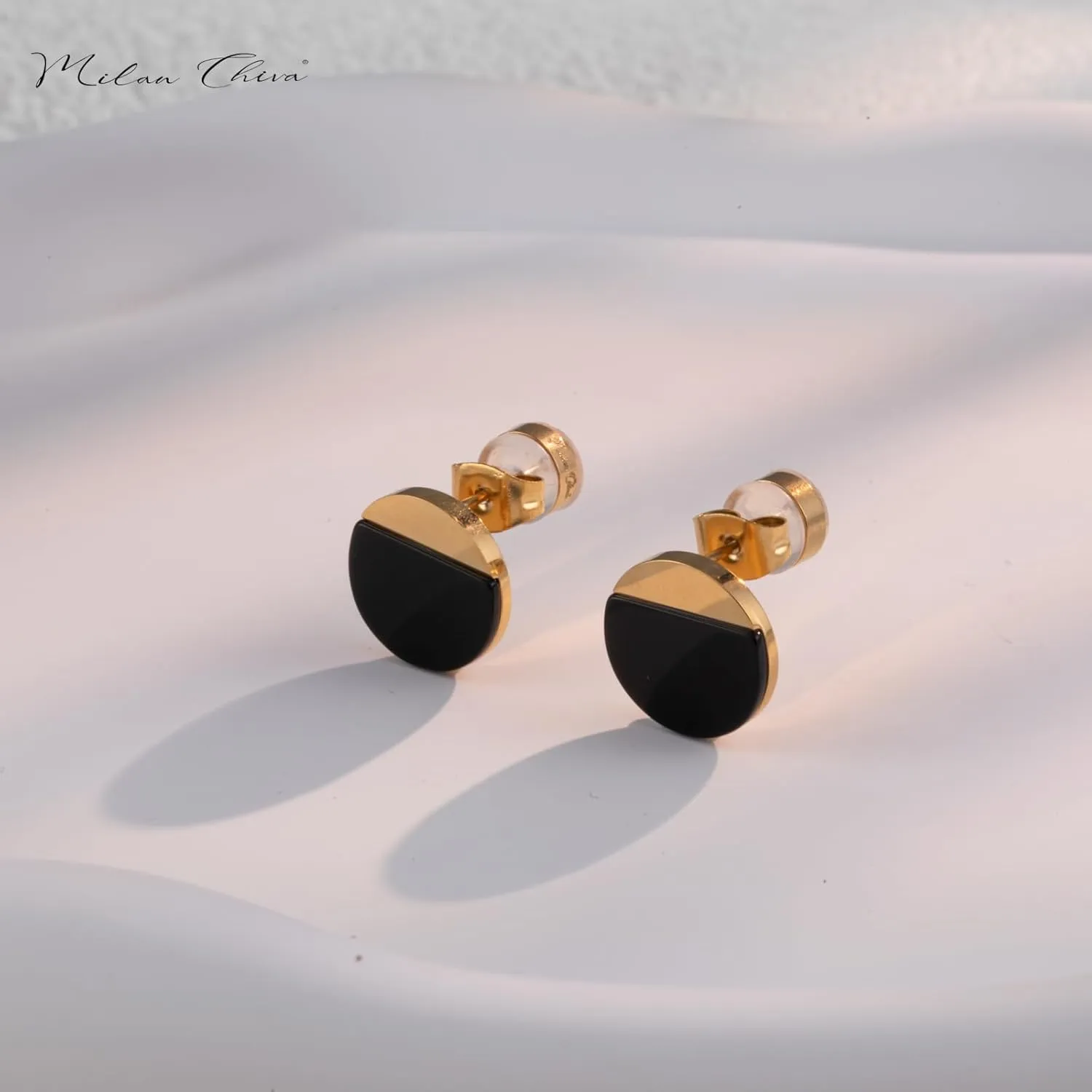 Milan Chiva Small Round Natural Gemstone Stud Earrings for Women 14K Gold Plated Oval Button Minimal Jewelry