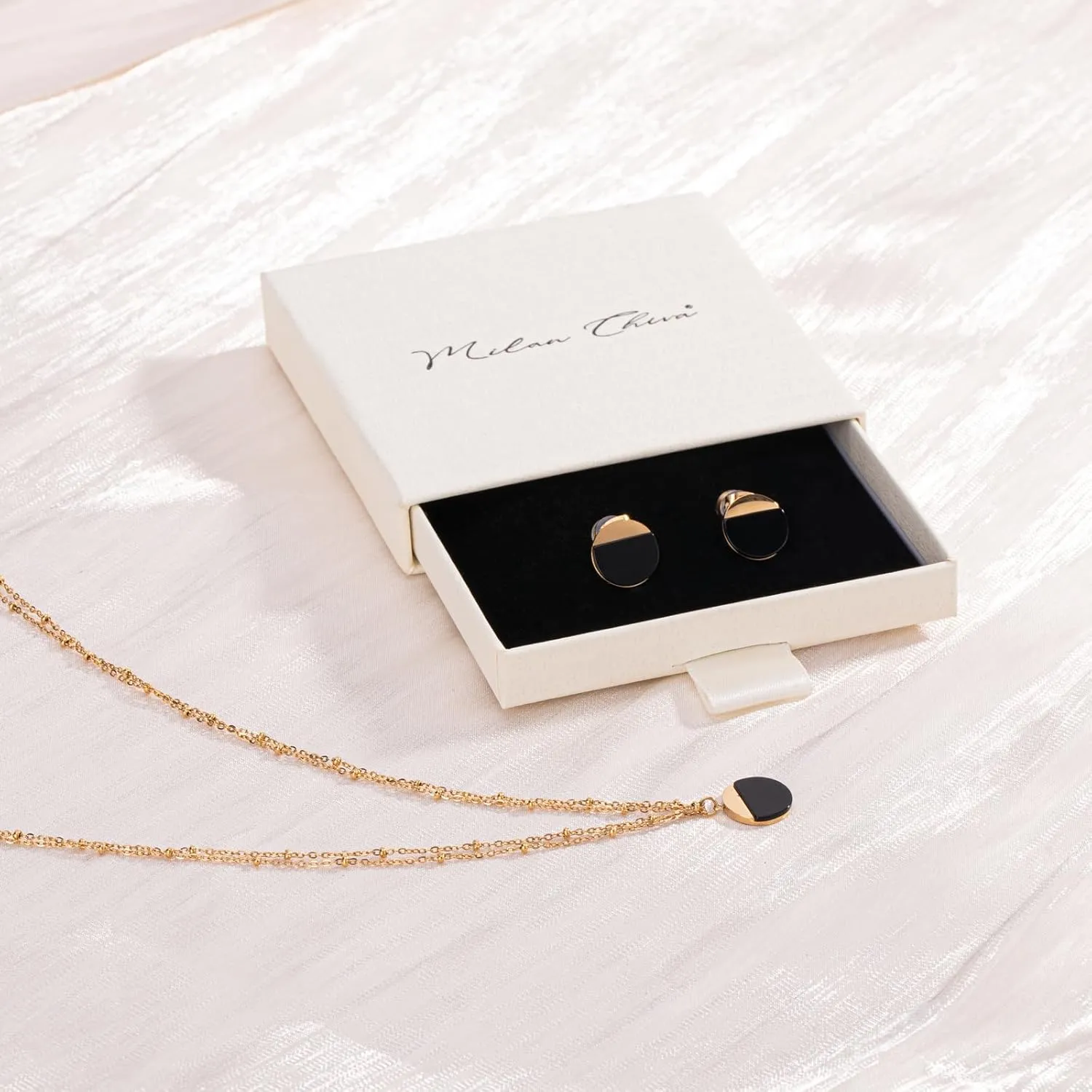 Milan Chiva Small Round Natural Gemstone Stud Earrings for Women 14K Gold Plated Oval Button Minimal Jewelry