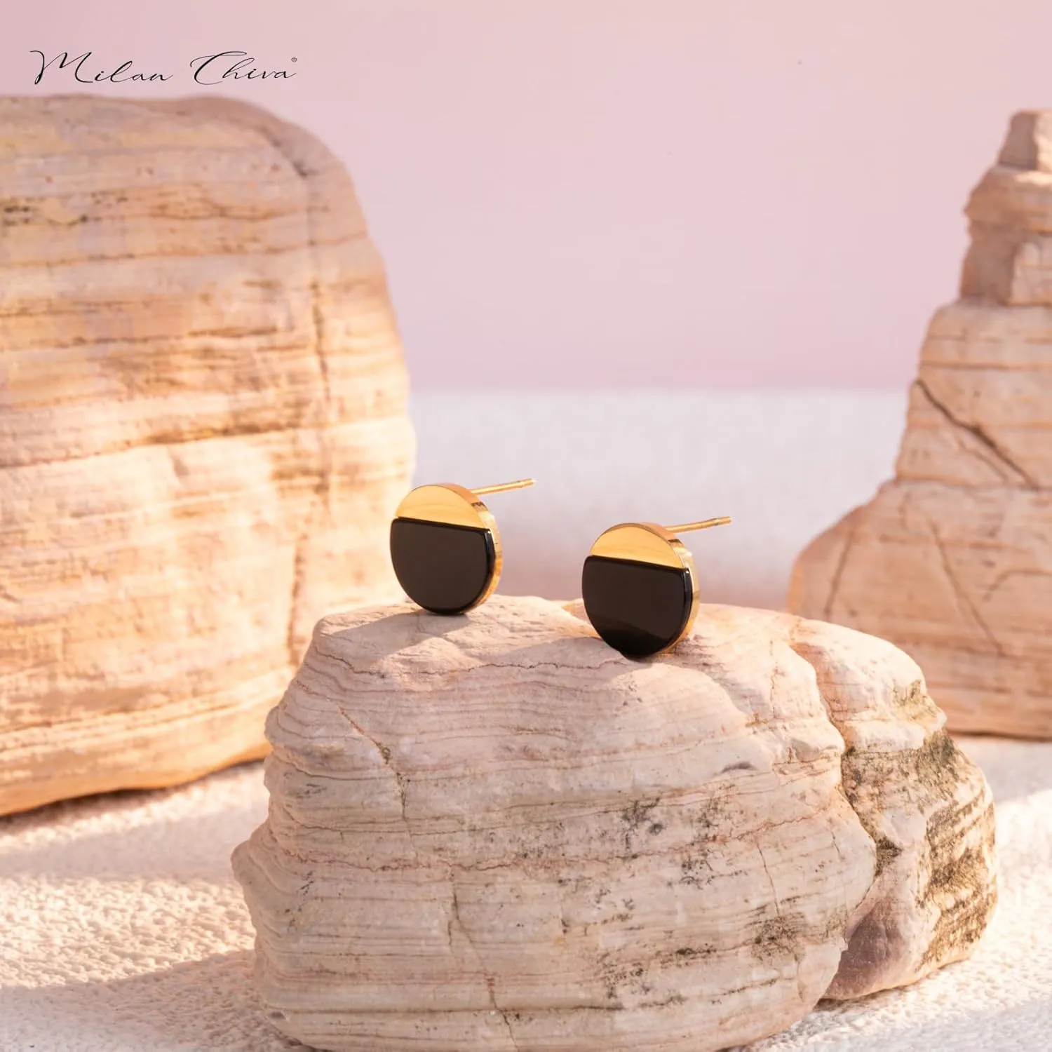 Milan Chiva Small Round Natural Gemstone Stud Earrings for Women 14K Gold Plated Oval Button Minimal Jewelry