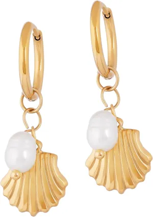 MINACHI Gold-Plated Sea Shell Pendant Hoop Dangle Drop Earrings with Elegant Pearl Charm, Ocean Inspired Jewelry Gift for Women