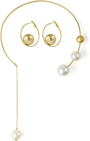 Minimalist Open Cuff Choker Pearl Bead Ball Chain Necklace and Circle Ball Earrings for Women,Geometric Metal Choker Galaxy Aesthetic, Punk Rocker Faux Pearl Necklace Statement Cool Jewelry